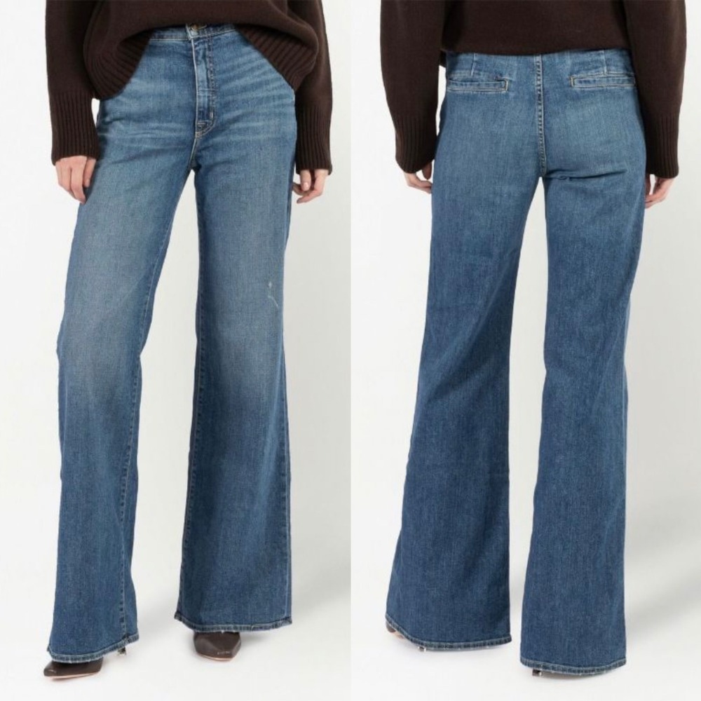 Nili Lotan Mid-Rise‎ Stretch Denim Wide Leg Jeans, Classic Wash Sz 26